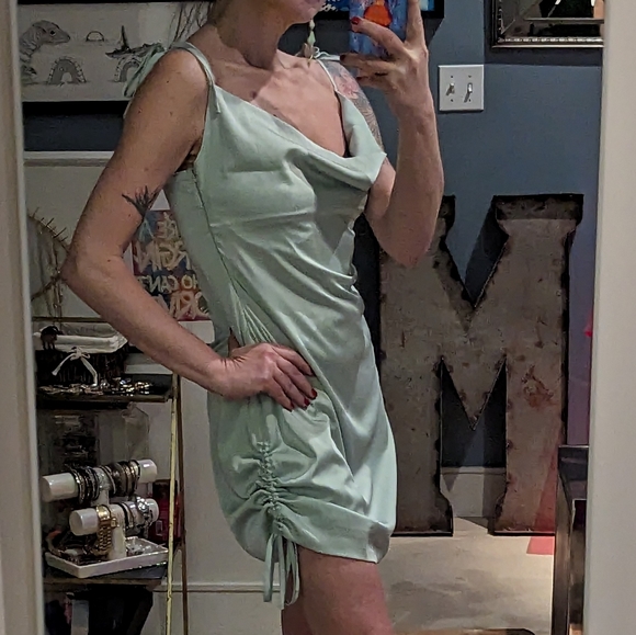 Wilfred Only Ruched Mini Slip Dress Cowl Neck Satin Side Drawstring Mint Sz M - Picture 10 of 13